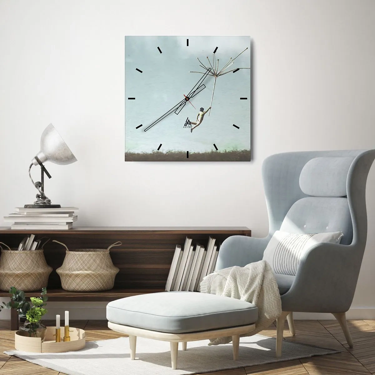 Zegar ścienny - Postać unoszona przez duży nasion dmuchawca - 30x30cm - Latawce, dmuchawce, wiatr - Nowoczesna dekoracja ścienna do salonu i sypialni ARTTOR