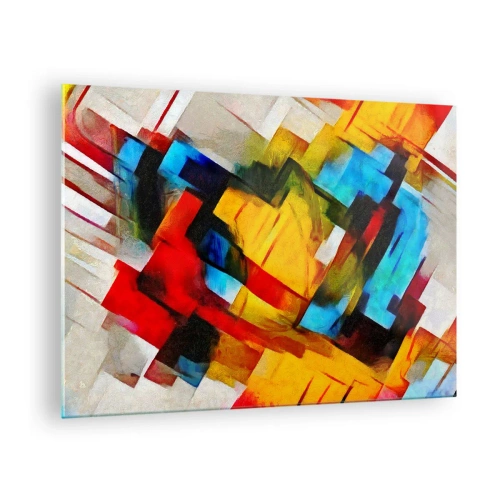 Obraz na szkle - Abstrakcyjna kompozycja geometrycznych kształtów - 70x50cm - Różnobarwny przekładaniec - Nowoczesna dekoracja ścienna do salonu i sypialni ARTTOR
