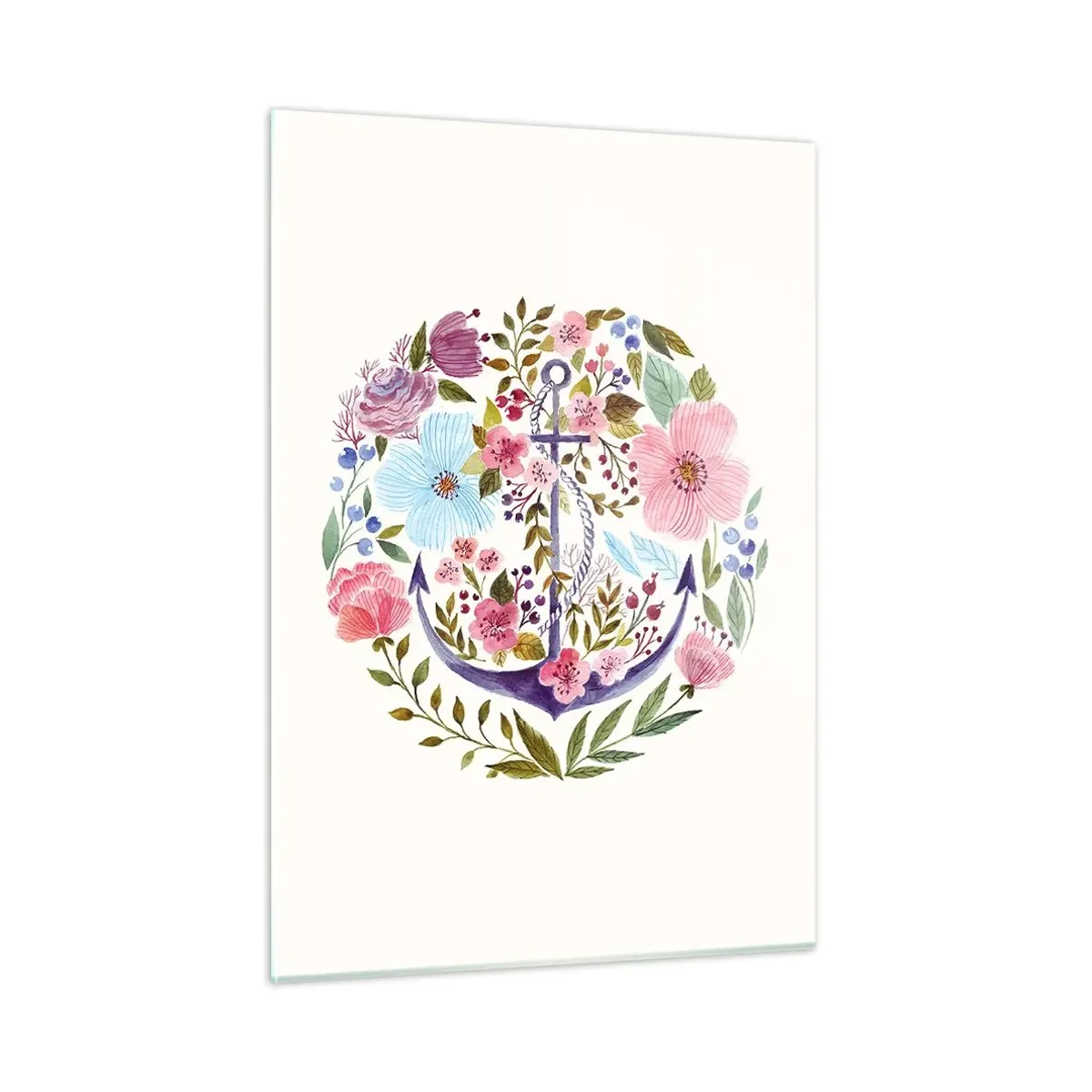 Obraz na szkle - Kotwica w otoczeniu kolorowych kwiatów akwarelowych - 50x70cm - Dobry sen żeglarza - Nowoczesna dekoracja ścienna do salonu, kuchni i sypialni ARTTOR