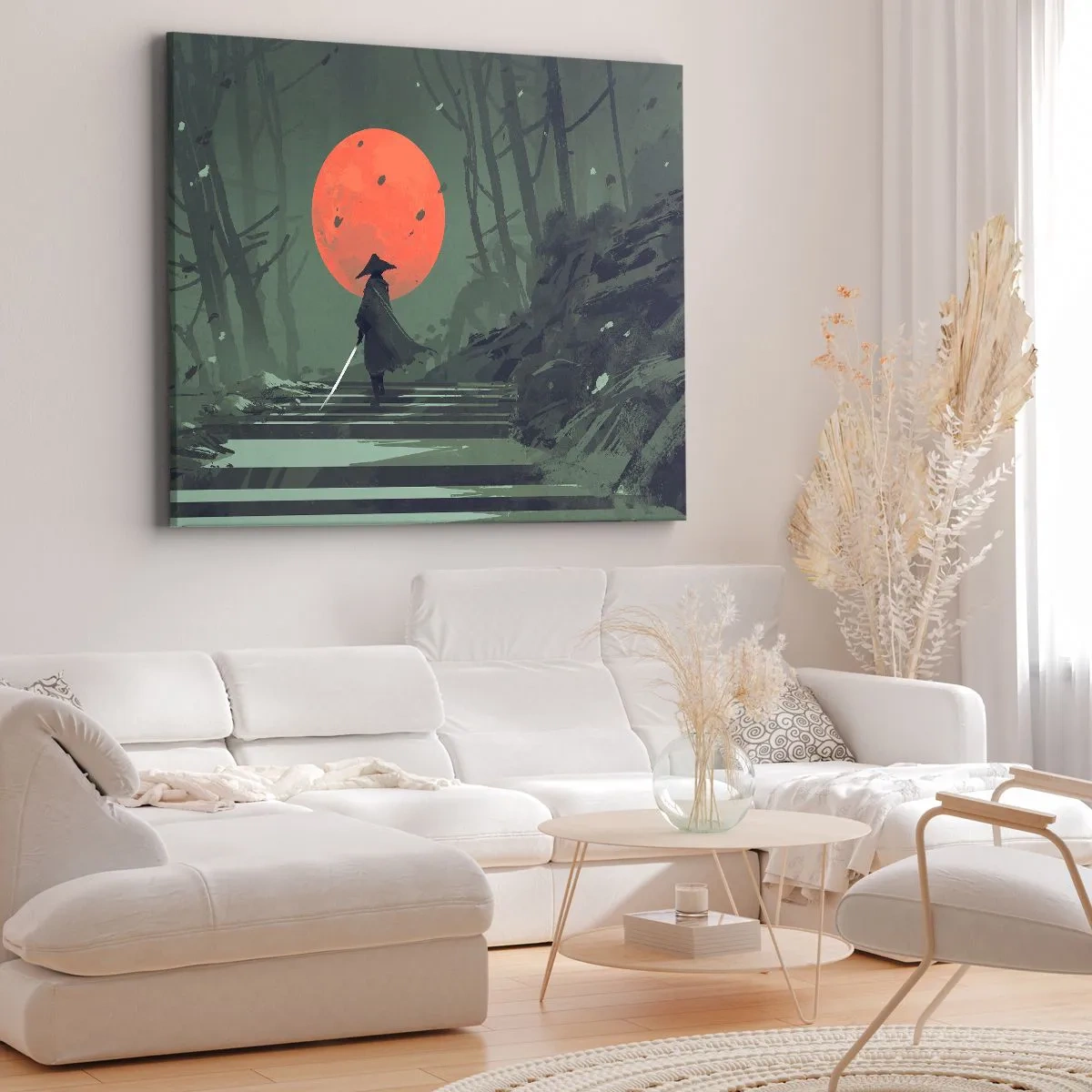 Obraz na płótnie - Samotny wojownik z mieczem na tle czerwonego księżyca w mrocznym lesie - 70x50cm - Wojownik czerwonego księzyca - Nowoczesna dekoracja ścienna do salonu i sypialni ARTTOR