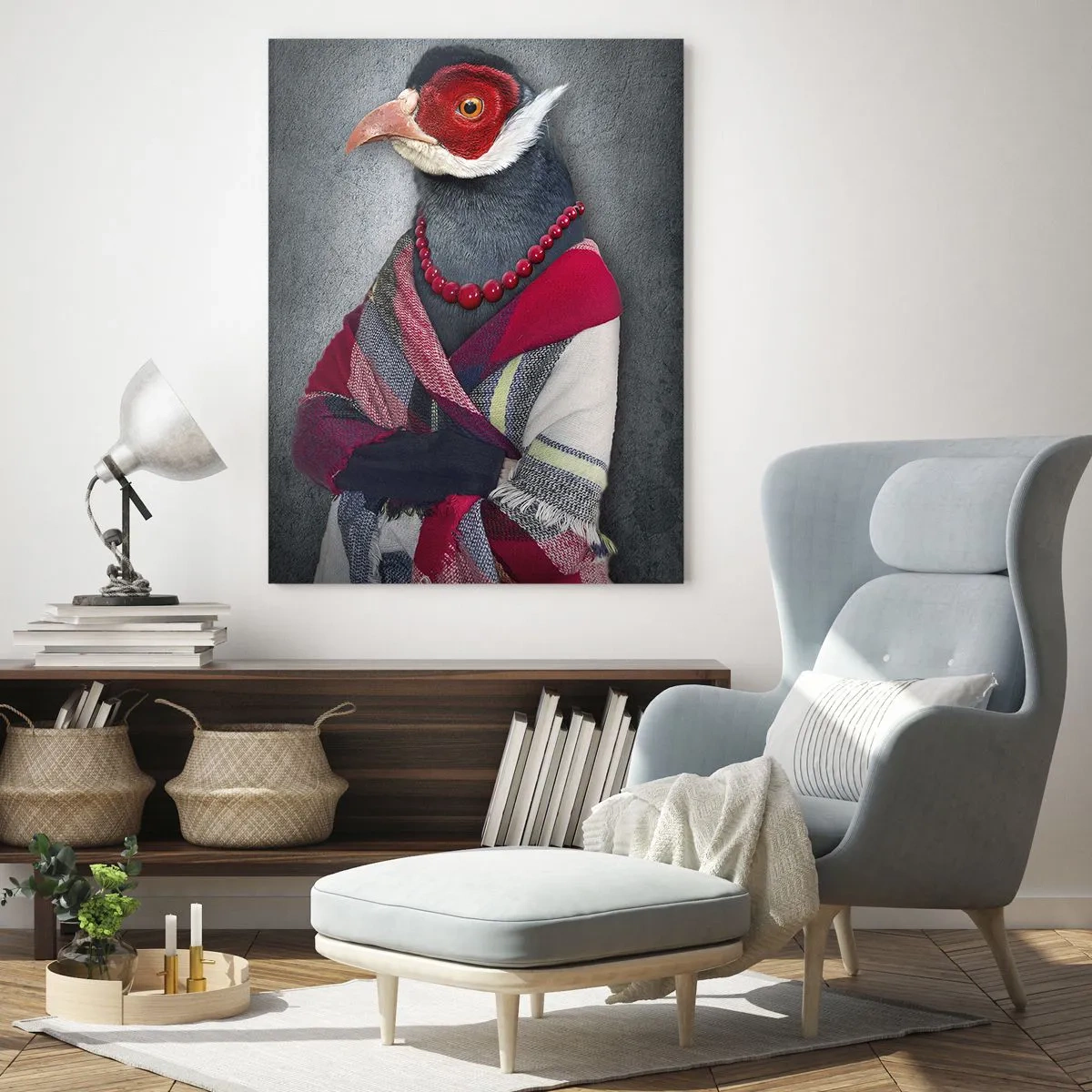 Obraz na szkle - Trzy zwierzęta w eleganckich ubraniach na stylizowanym tle - 50x70cm - Co ja tu robię?! - Nowoczesna dekoracja ścienna do salonu, kuchni i sypialni ARTTOR