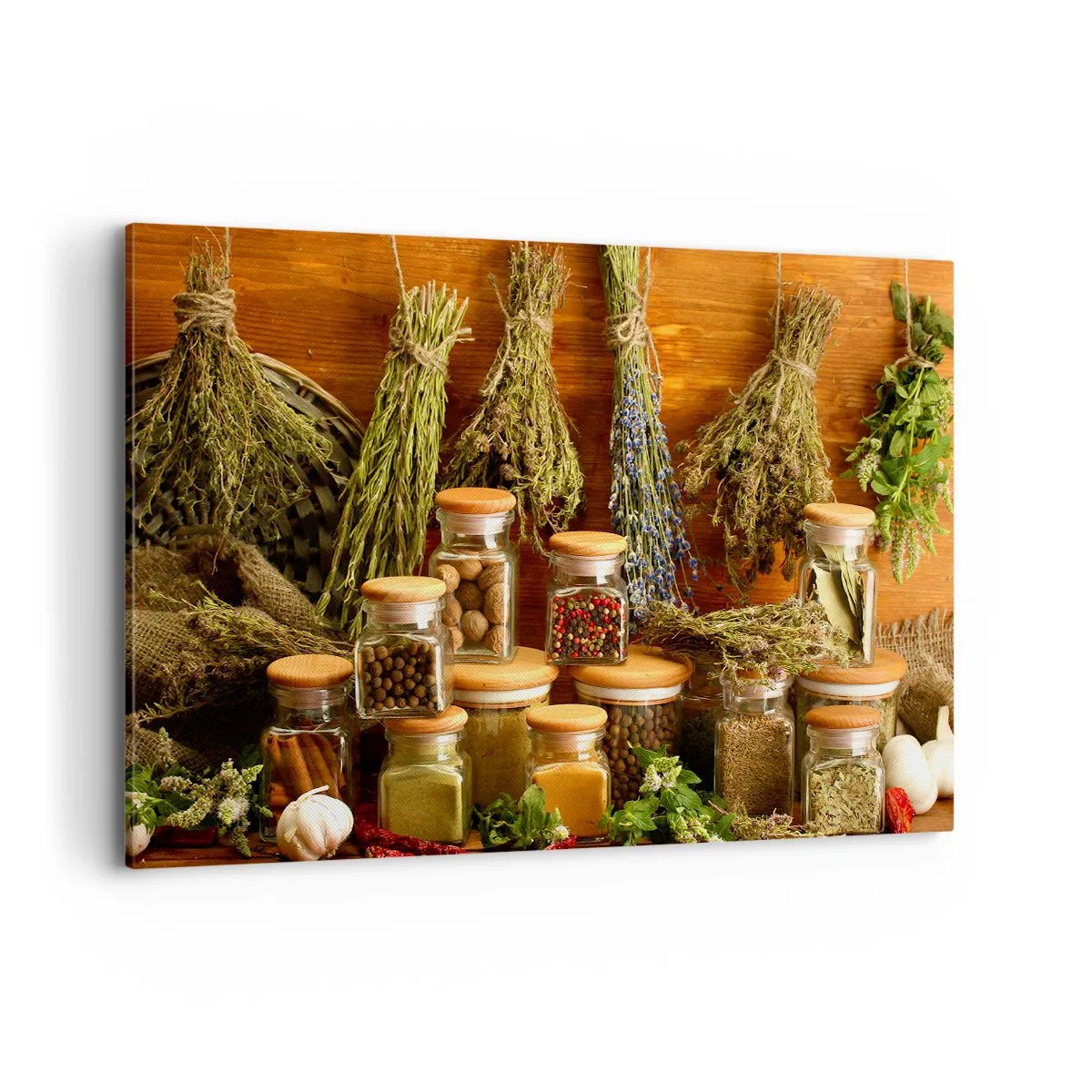 Obraz na płótnie - Zioła i przyprawy w słoikach na rustykalnym tle - 120x80cm - Kuchenne czary - Nowoczesna dekoracja ścienna do salonu, kuchni i sypialni ARTTOR