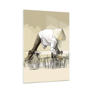 Obraz na szkle - Minimalistyczna ilustracja pracujących rolników - 50x70cm - Udanych zbiorów - Nowoczesna dekoracja ścienna do salonu, kuchni i sypialni ARTTOR