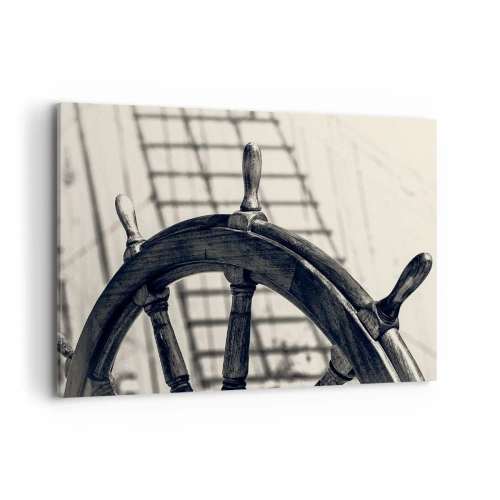 Obraz na płótnie - Ster żeglarski w stylu retro na tle statku - 100x70cm - Morskie opowieści - Nowoczesna dekoracja ścienna do salonu, kuchni i sypialni ARTTOR