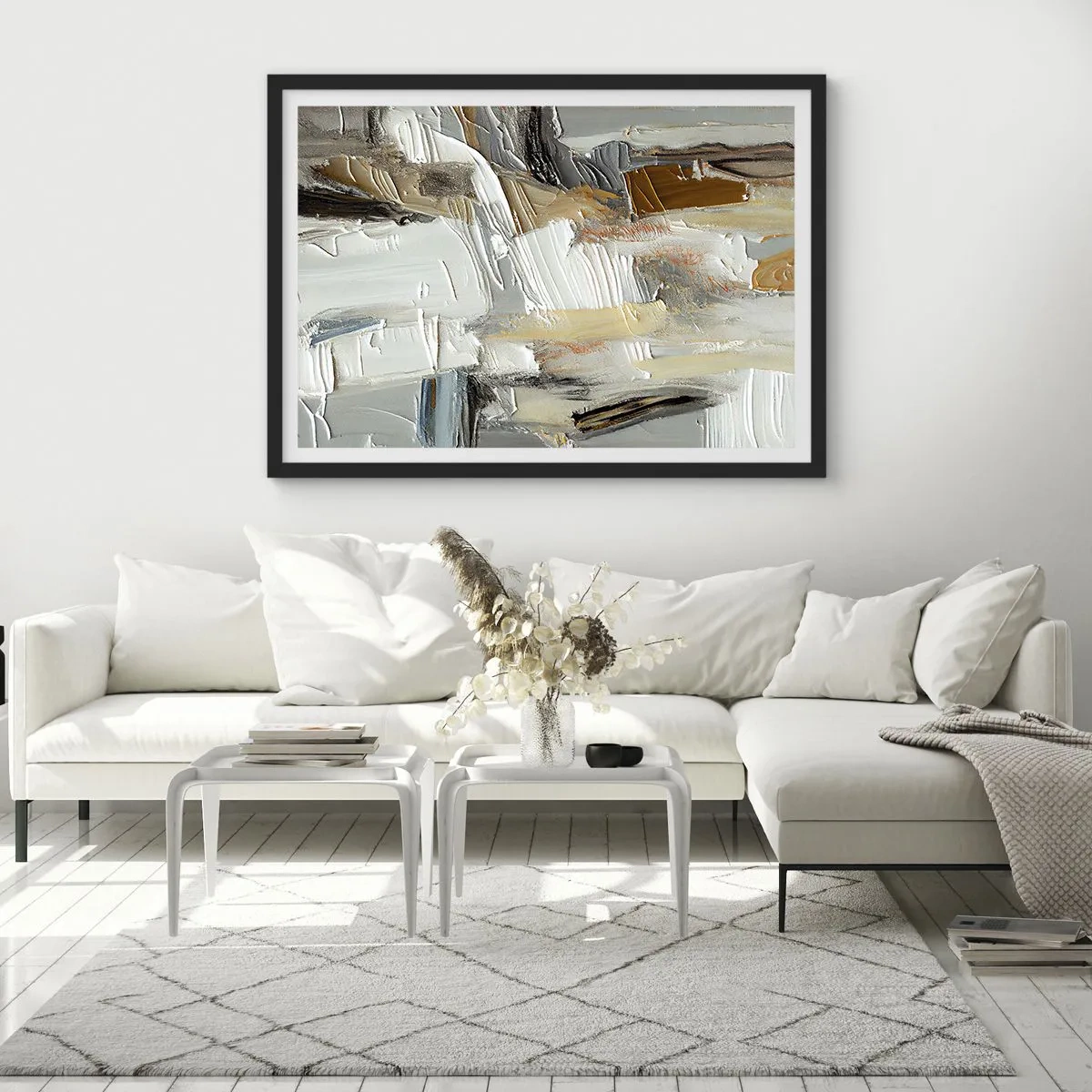 Plakat w czarnej ramie - Teksturalna abstrakcja w odcieniach ziemi i bieli - 70x50cm - Barwne nawarstwienia - Nowoczesna dekoracja ścienna do salonu i sypialni ARTTOR