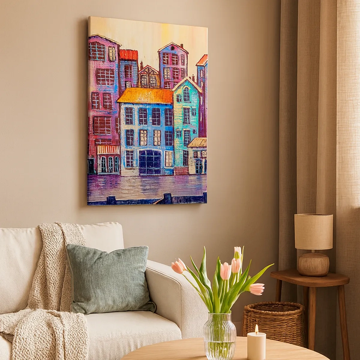 Obraz na płótnie - Kolorowe kamienice odbijające się w wodzie w bajkowym stylu - 50x70cm - Miasto jak z bajki - Nowoczesna dekoracja ścienna do salonu, kuchni i sypialni ARTTOR