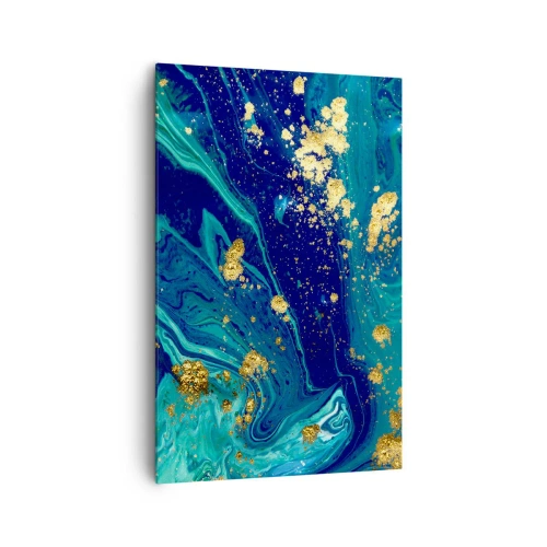 Obraz na płótnie - Abstrakcyjna kompozycja z błękitem, zielenią i złotymi akcentami - 80x120cm - Płatki słońca - Nowoczesna dekoracja ścienna do salonu i sypialni ARTTOR