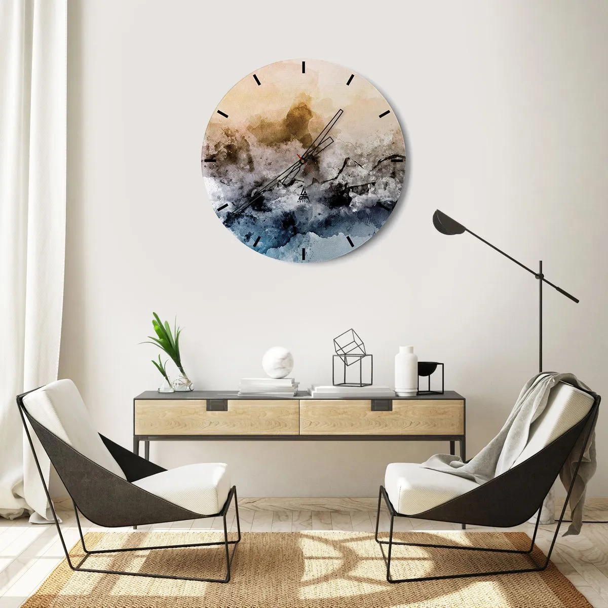 Zegar ścienny - Abstrakcyjny pejzaż w odcieniach mgły, brązu i błękitu - 30x30cm - Zatopione w tumanie mgły - Nowoczesna dekoracja ścienna do salonu, kuchni i sypialni ARTTOR
