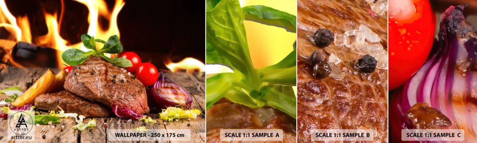 Fototapeta Próbka Standard Eco - Wyczarowane żarem - Gastronomia, Stek, Płomienie Ognia - 100x30 cm