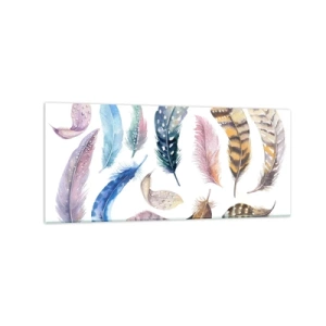 Obraz na szkle - Kolorowe pióra w delikatnym akwarelowym stylu - 120x50cm - Lekkie, pstrokate i wielobarwne - Nowoczesna dekoracja ścienna do salonu i sypialni ARTTOR
