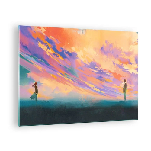 Obraz na szkle - Dwoje ludzi na tle kolorowego, zachodzącego nieba - 70x50cm - Siła przyciągania - Nowoczesna dekoracja ścienna do salonu i sypialni ARTTOR