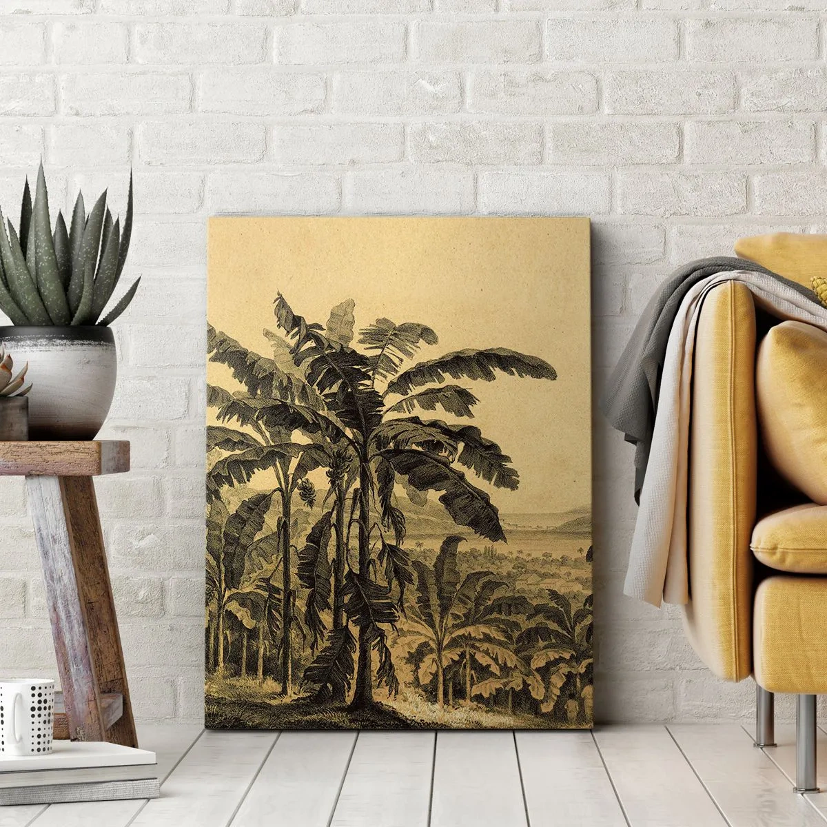 Obraz na płótnie - Vintage ilustracja palm bananowca na tle krajobrazu - 50x70cm - w kolonialnym klimacie - Nowoczesna dekoracja ścienna do salonu, kuchni i sypialni ARTTOR