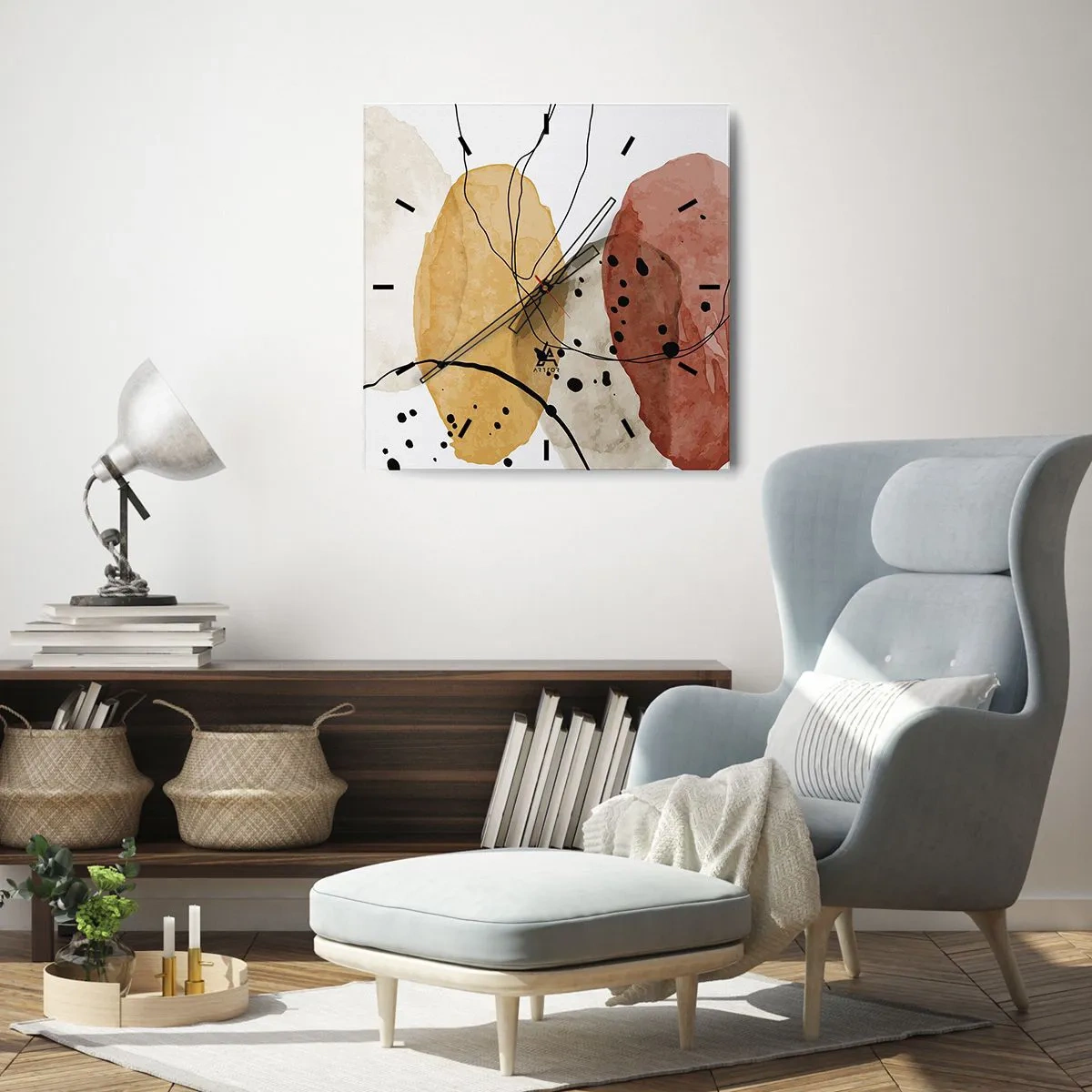 Zegar ścienny - Abstrakcyjne plamy w odcieniach beżu, żółci i czerwieni - 30x30cm - Jak powietrze lekkie, przejrzyste - Nowoczesna dekoracja ścienna do salonu i sypialni ARTTOR