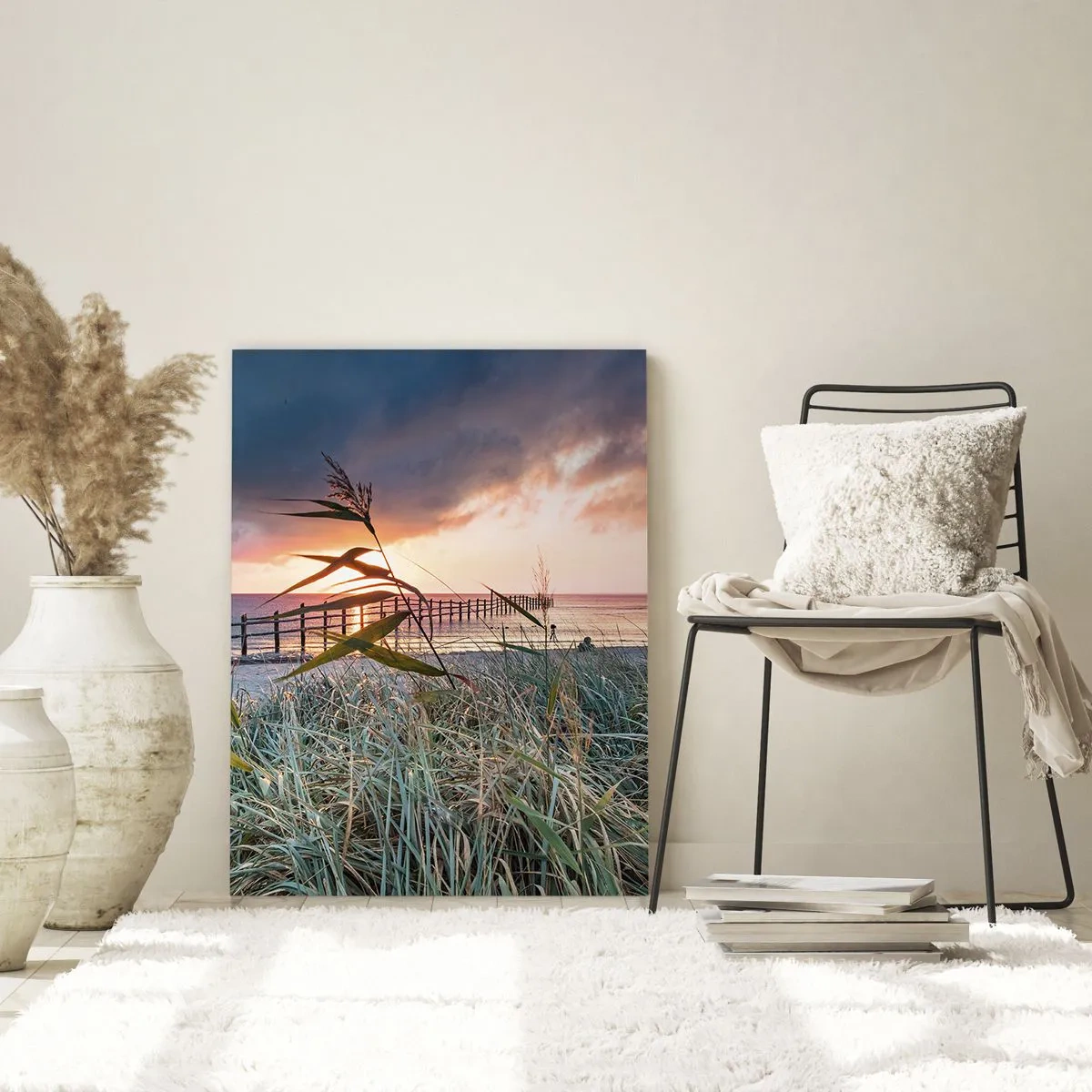 Obraz na szkle - Plaża o zachodzie słońca z trawami na pierwszym planie - 80x120cm - Nie przemija z wiatrem - Nowoczesna dekoracja ścienna do salonu i sypialni ARTTOR