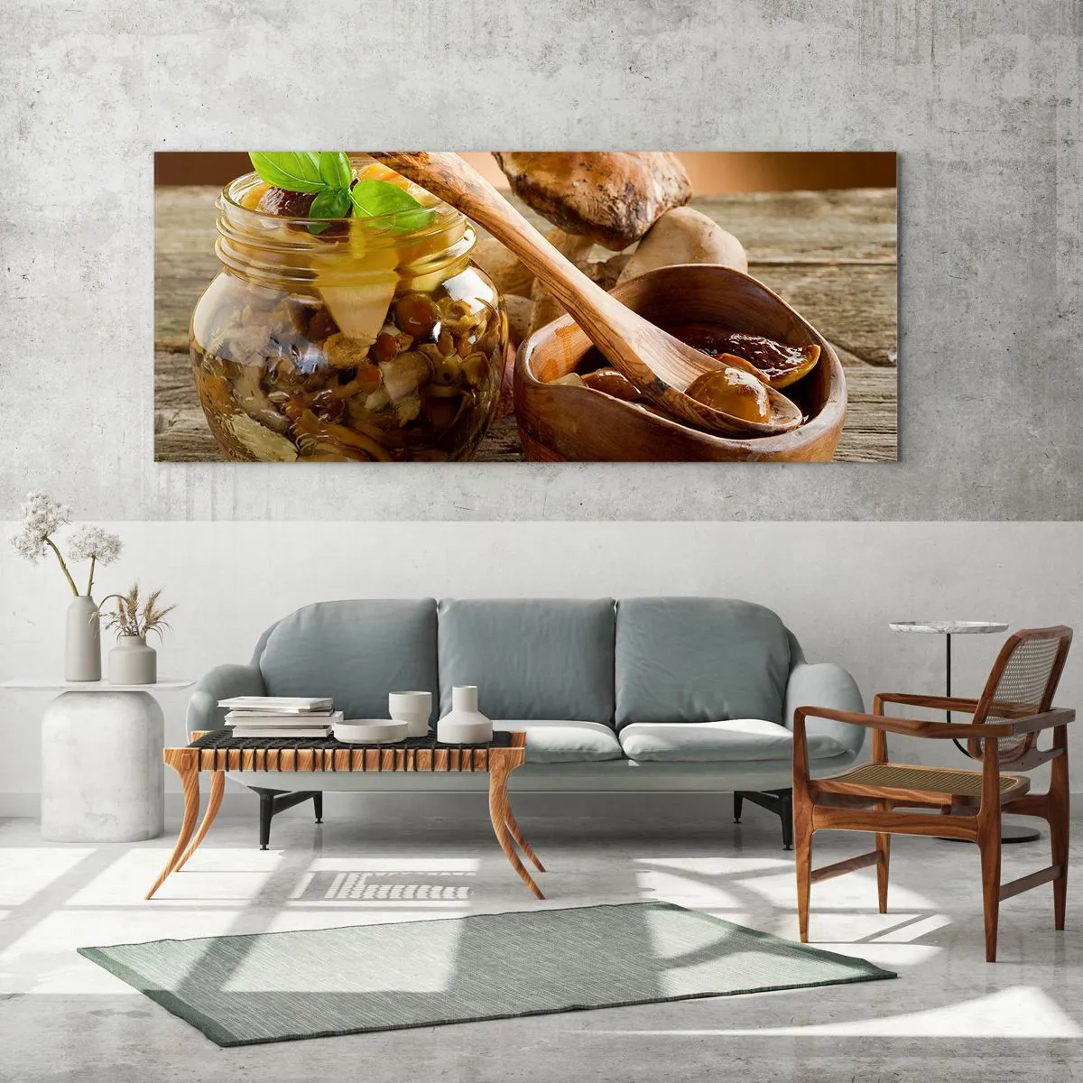 Obraz na szkle - Naturalne grzyby w słoiku na rustykalnym stole - 140x50cm - Czy świeży, czy solony, czy jesiennej pory... - Nowoczesna dekoracja ścienna do salonu i sypialni ARTTOR