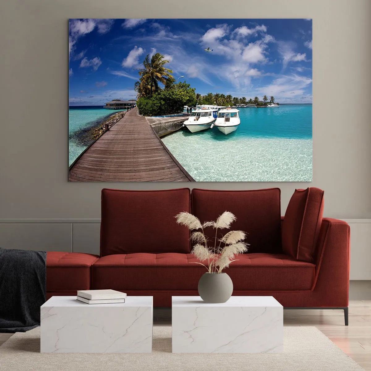 Obraz na szkle - Egzotyczny pomost, łodzie i turkusowa woda - 100x70cm - A jednak raj istnieje - Nowoczesna dekoracja ścienna do salonu, kuchni i sypialni ARTTOR