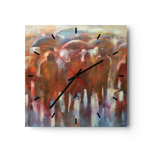 Zegar ścienny - Tłum ludzi z parasolami w deszczowej, artystycznej scenerii - 30x30cm - Równi w deszczu i mgle - Nowoczesna dekoracja ścienna do salonu i sypialni ARTTOR