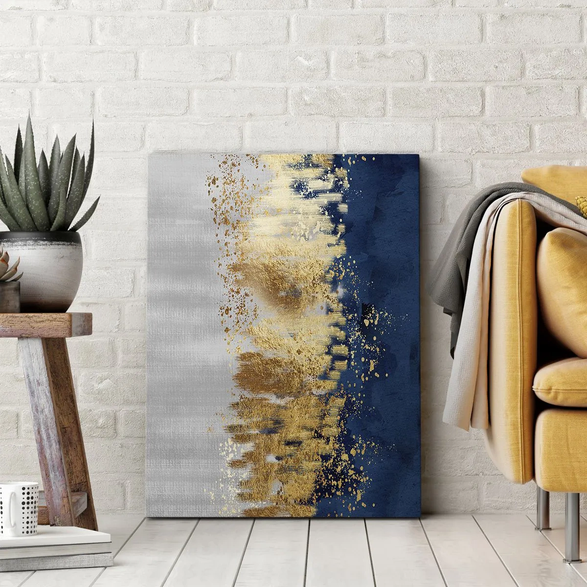 Obraz na płótnie - Abstrakcyjna kompozycja w odcieniach granatu, złota i srebra - 50x70cm - Nowoczesna kompozycja z błyskiem - Nowoczesna dekoracja ścienna do salonu, kuchni i sypialni ARTTOR