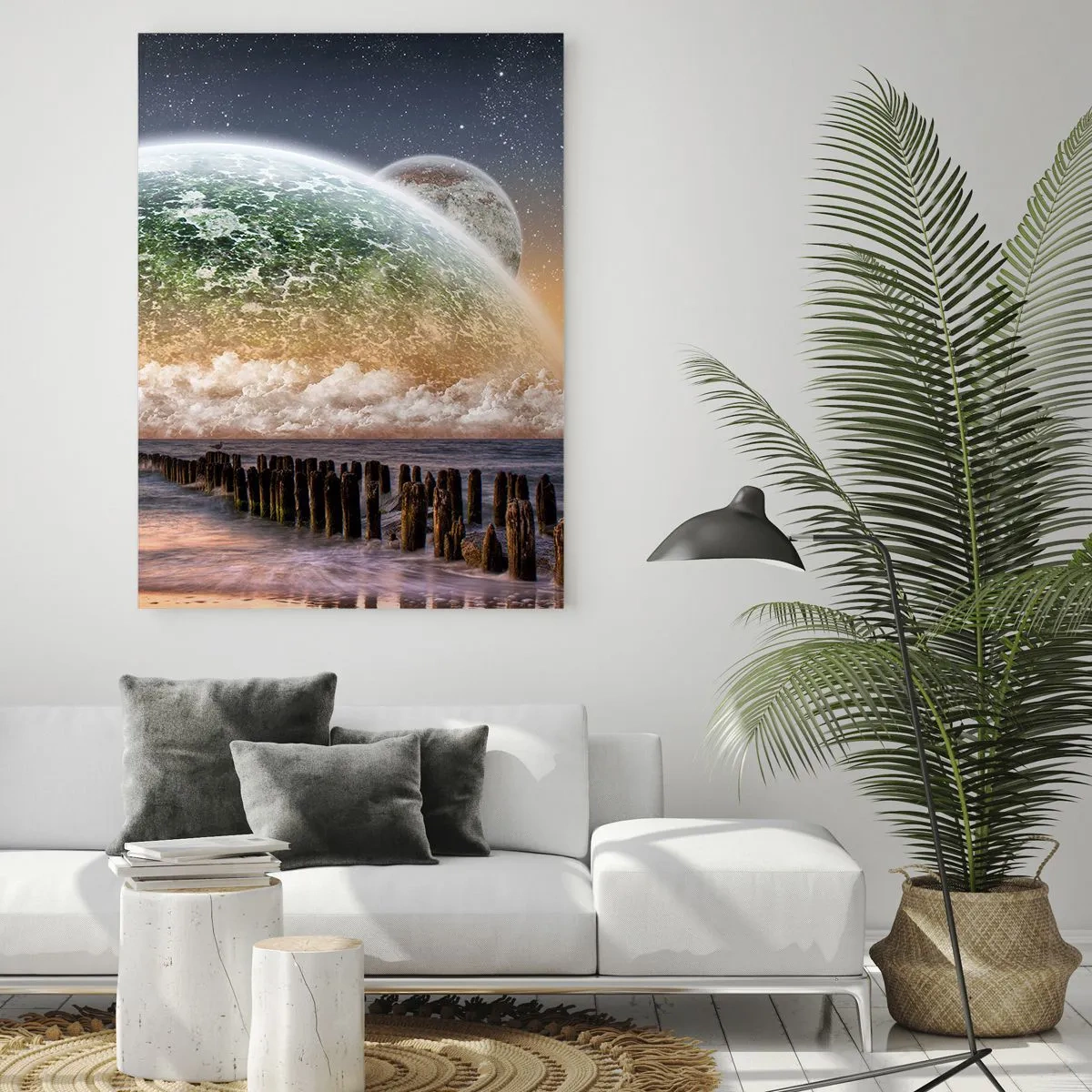 Obraz na szkle - Zachód słońca nad planetą i oceanem - 50x70cm - I świat wyłonił się z wody - Nowoczesna dekoracja ścienna do salonu, kuchni i sypialni ARTTOR