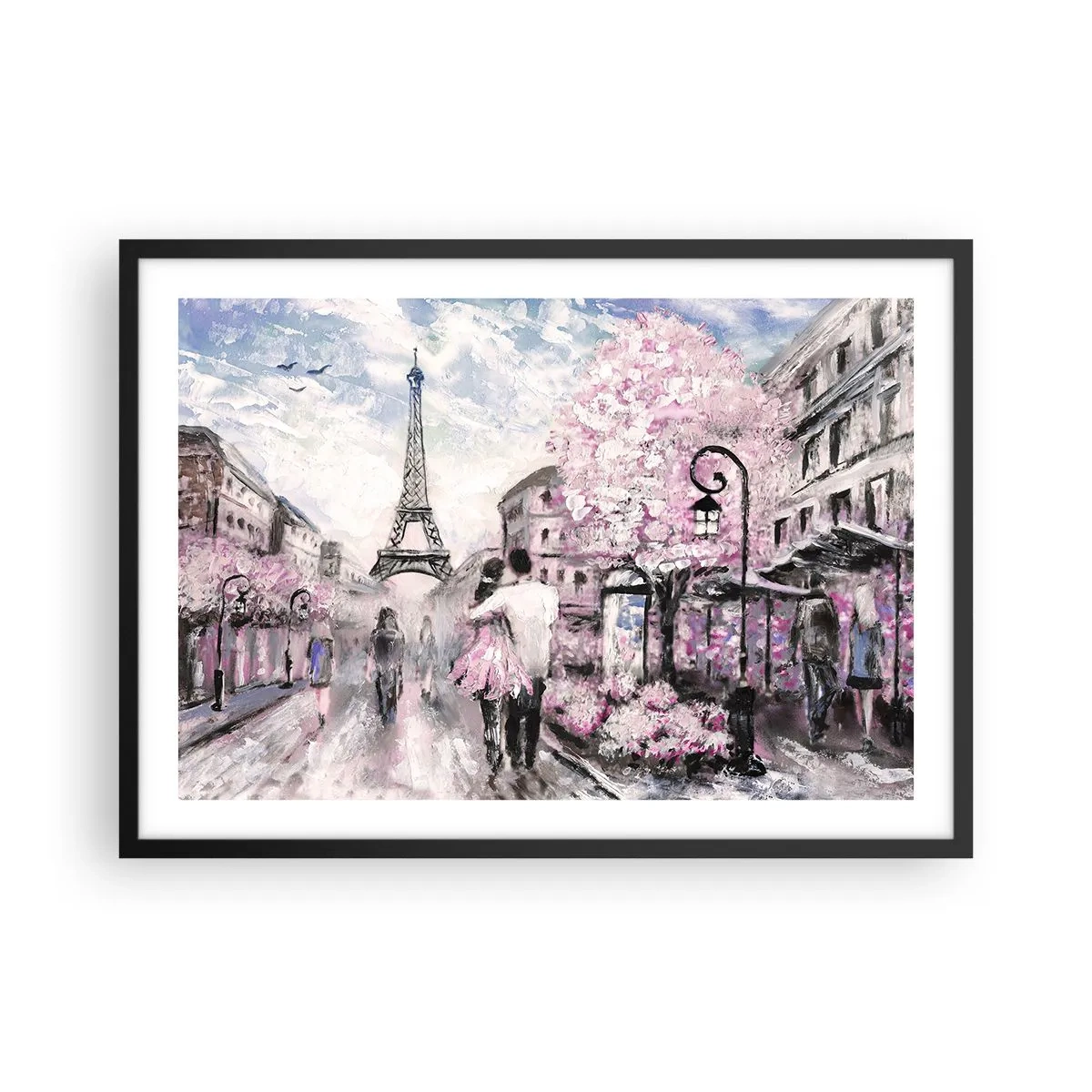 Plakat w czarnej ramie - Romantyczny spacer w Paryżu przy Wieży Eiffla - 70x50cm - Jak zakochac się, to tylko w… - Nowoczesna dekoracja ścienna do salonu i sypialni ARTTOR