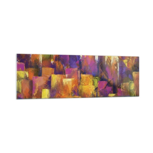 Obraz na szkle - Abstrakcyjna kompozycja metropolii w odcieniach żółci i fioletu - 160x50cm - Kompozycja metropolitalna - Nowoczesna dekoracja ścienna do salonu i sypialni ARTTOR