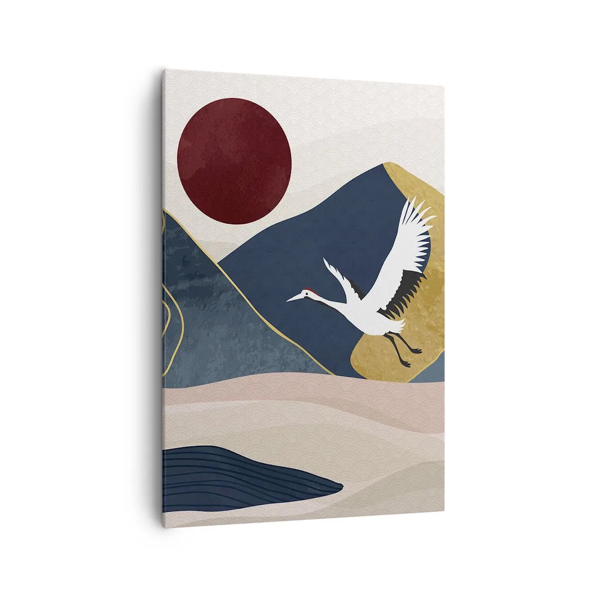 Obraz na płótnie - Żurawie w locie na tle gór i czerwonego słońca - 70x100cm - I znowu ZLECIAŁ dzień - Nowoczesna dekoracja ścienna do salonu i sypialni ARTTOR