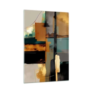 Obraz na szkle - Abstrakcyjna kompozycja z elementami złota i turkusu - 70x100cm - Abstrakcja – światło i cień - Nowoczesna dekoracja ścienna do salonu i sypialni ARTTOR