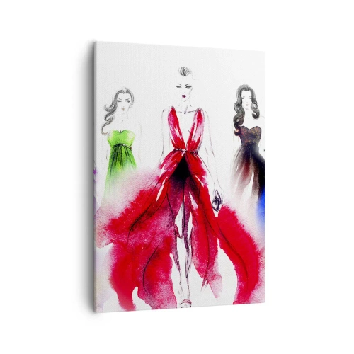 Obraz na płótnie - Ilustracja mody z trzema modelkami w kolorowych sukniach - 50x70cm - Nastroje na stroje - Nowoczesna dekoracja ścienna do salonu, kuchni i sypialni ARTTOR