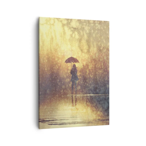 Obraz na płótnie - Sylwetka kobiety z parasolem otoczona mglistym, złocistym światłem - 50x70cm - Czuję, że ktoś na mnie patrzy - Nowoczesna dekoracja ścienna do salonu, kuchni i sypialni ARTTOR