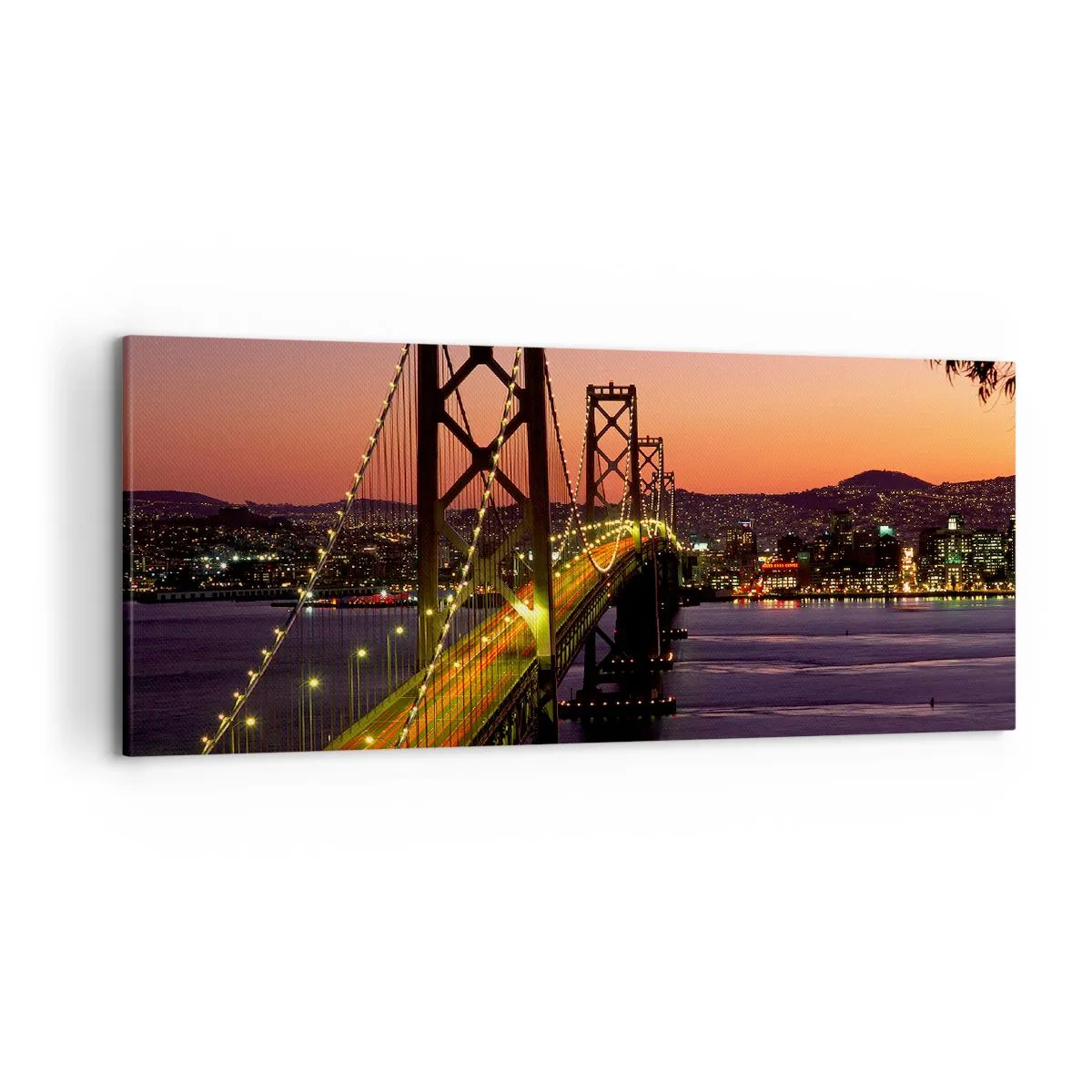 Obraz na płótnie - Most podświetlony nocą nad wodą z panoramą miasta - 120x50cm - Wieczór we fiolecie - Nowoczesna dekoracja ścienna do salonu i sypialni ARTTOR