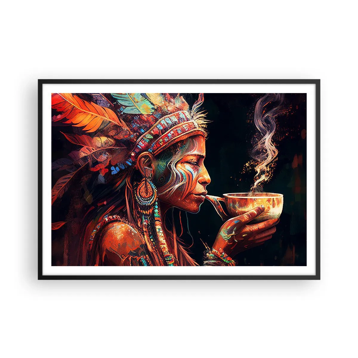 Plakat w czarnej ramie - Kolorowa postać w stylu etnicznym z filiżanką parującego napoju - 100x70cm - Magiczny rytuał - Nowoczesna dekoracja ścienna do salonu i sypialni ARTTOR