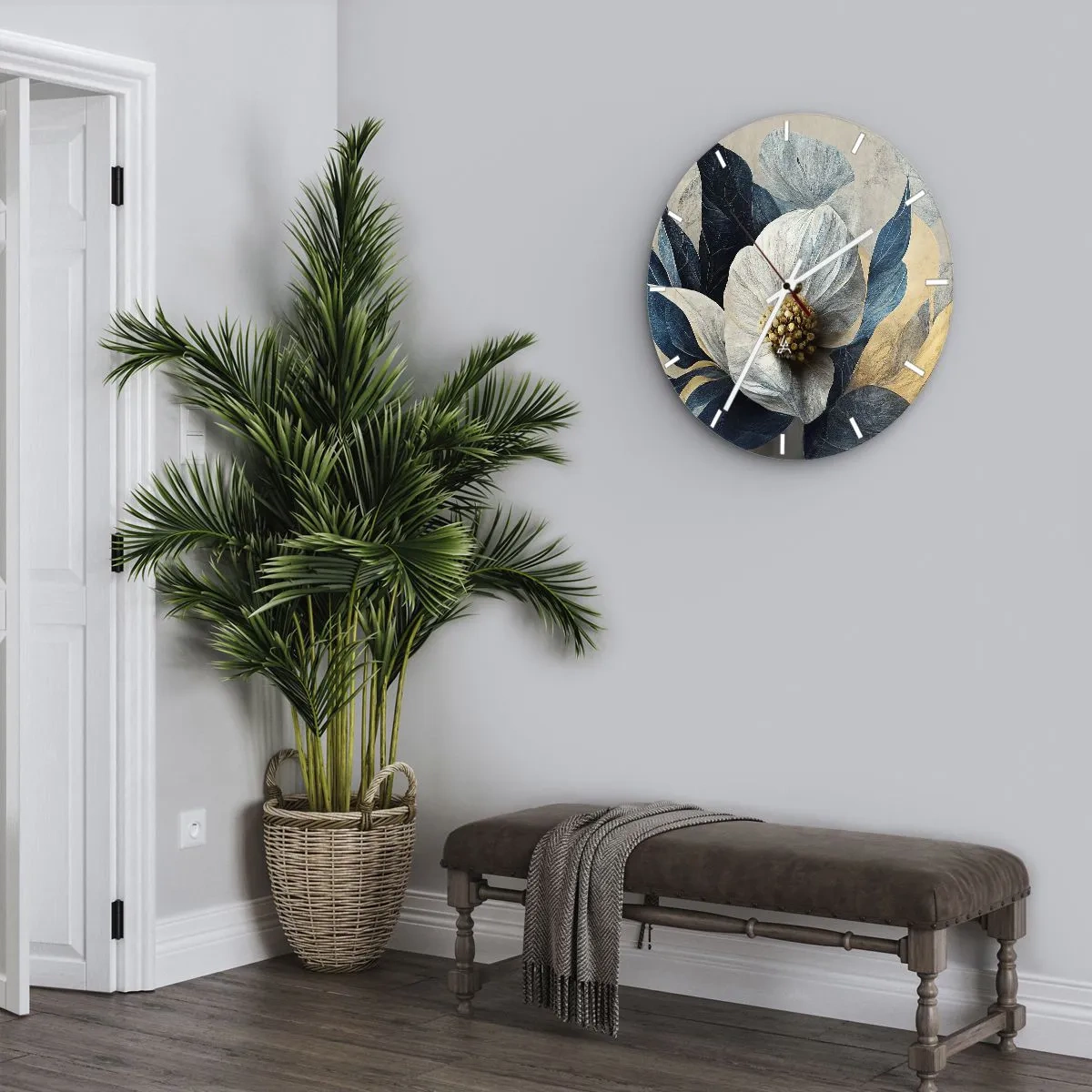 Zegar ścienny - Biała kwiatowa kompozycja z granatowymi liśćmi i złotym środkiem - 30x30cm - Ma złote serce - Nowoczesna dekoracja ścienna do salonu, kuchni i sypialni ARTTOR