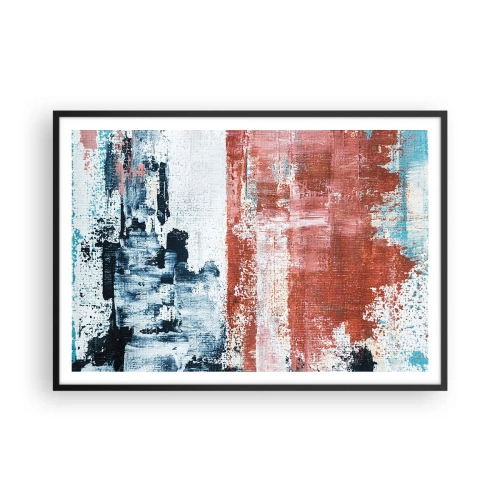 Plakat w czarnej ramie - Abstrakcja w biało-niebieskich i ceglanych barwach - 100x70cm - Abstrakcyjne pół na pół - Nowoczesna dekoracja ścienna do salonu i sypialni ARTTOR