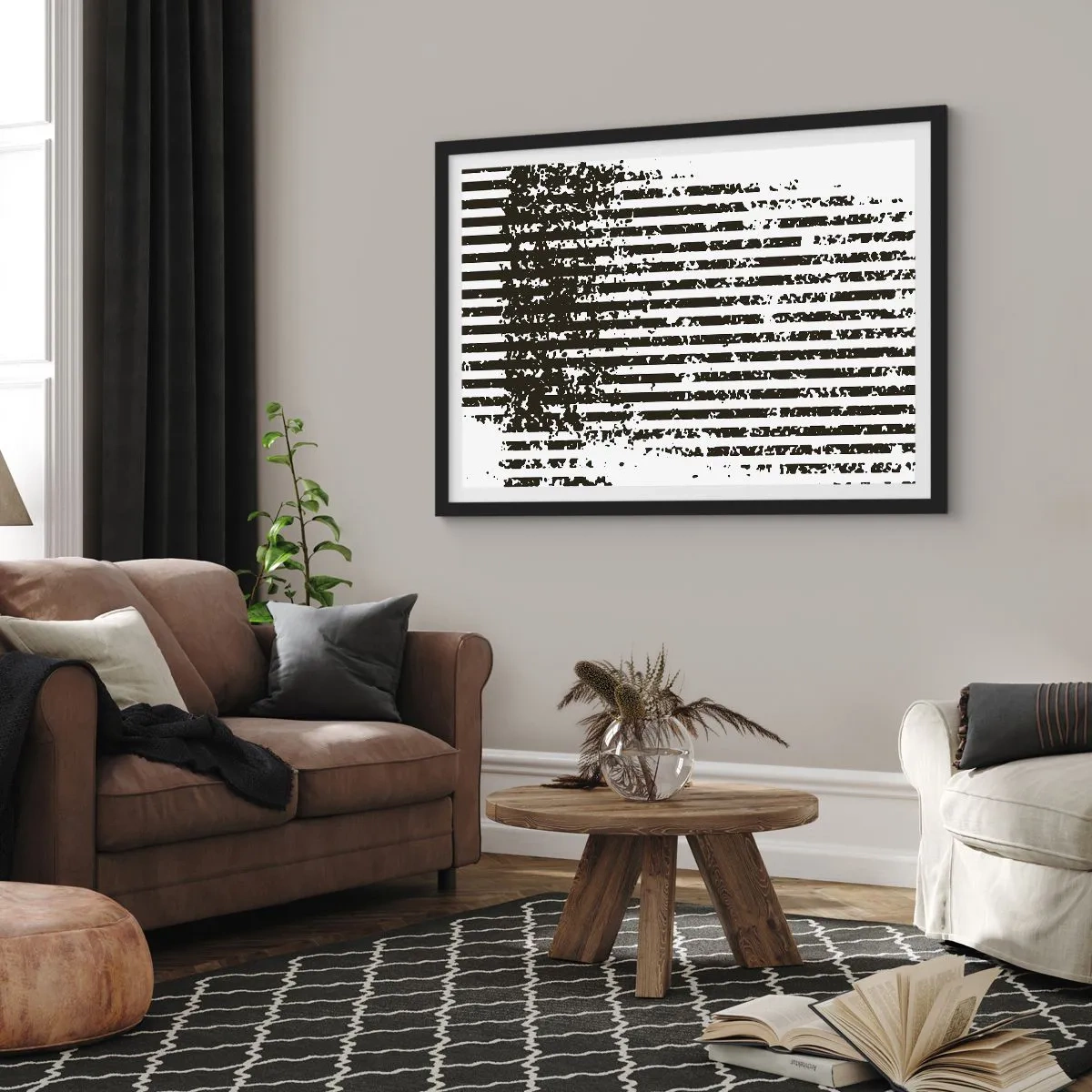 Plakat w czarnej ramie - Abstrakcyjne linie z efektem przetarcia w czerni i bieli - 100x70cm - Rytm i szum - Nowoczesna dekoracja ścienna do salonu i sypialni ARTTOR