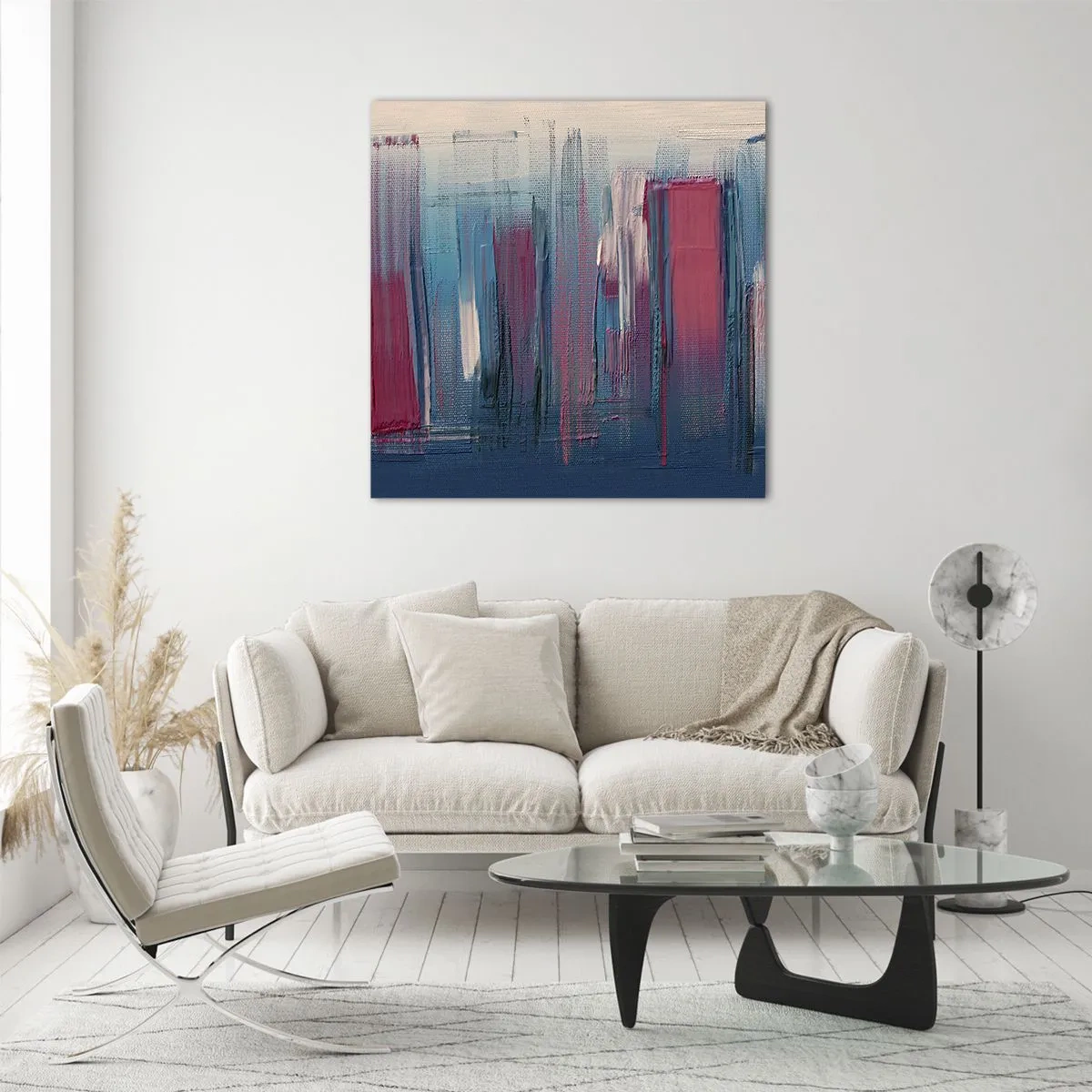 Obraz na szkle - Kompozycja wertykalna w błękicie i czerwieni - 30x30 cm