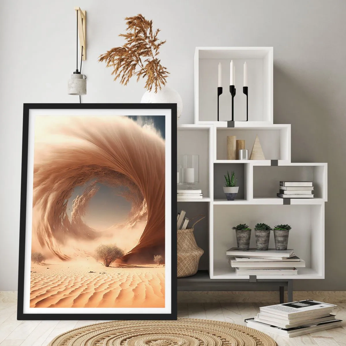 Plakat w czarnej ramie - Zjawiskowy wir piaskowy na pustyni - 50x70cm - Otwarty portal - Nowoczesna dekoracja ścienna do salonu i sypialni ARTTOR