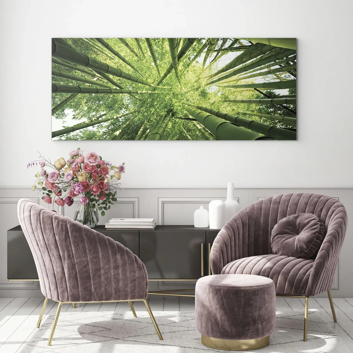 Obraz na szkle - Widok w górę przez zielony bambusowy gaj - 120x50cm - W bambusowym gaju - Nowoczesna dekoracja ścienna do salonu i sypialni ARTTOR
