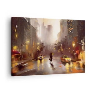 Obraz na płótnie - Miejska scena nocą w świetle latarni i refleksach na mokrej ulicy - 70x50cm - W światłach Nowego Jorku - Nowoczesna dekoracja ścienna do salonu i sypialni ARTTOR