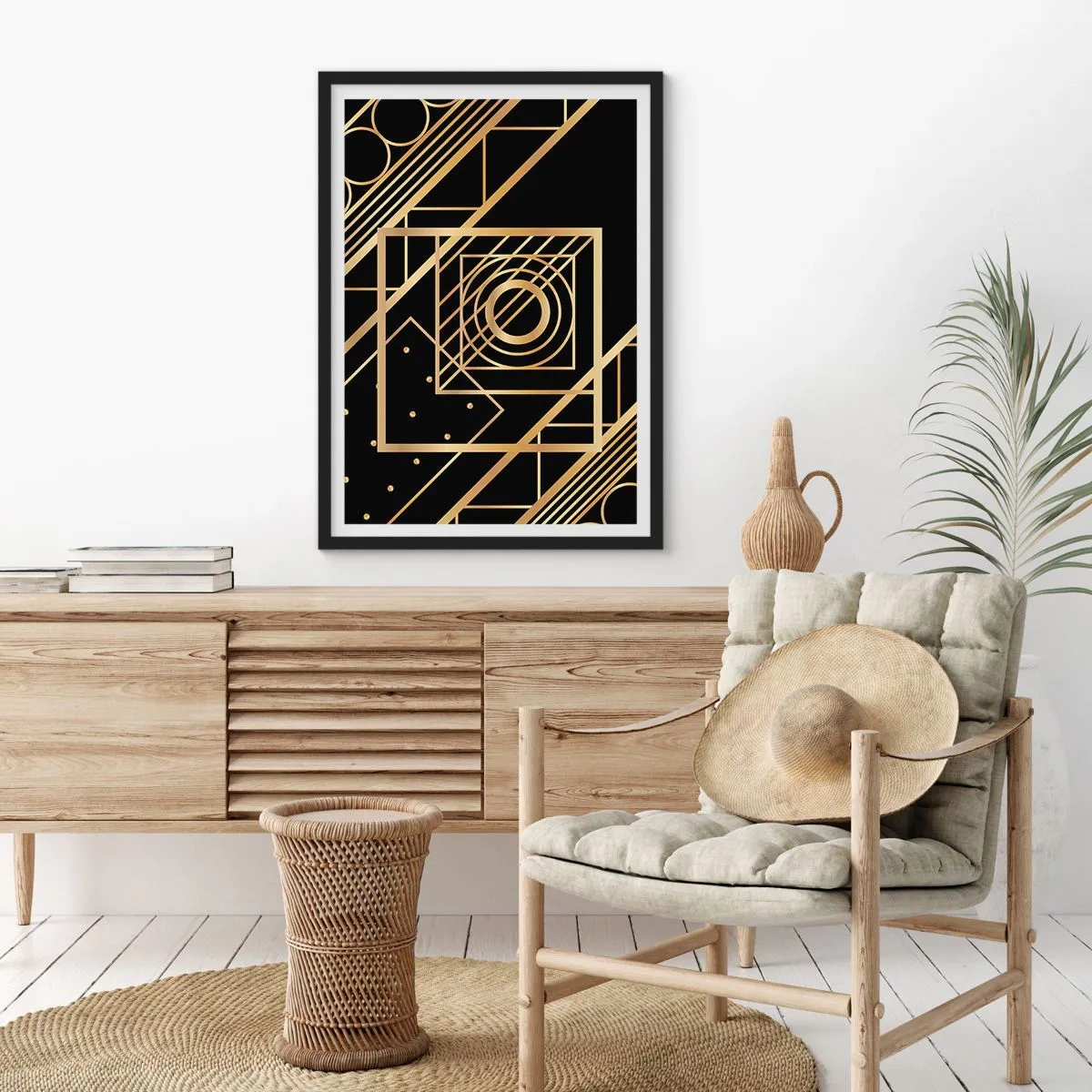 Plakat w czarnej ramie - Złote geometryczne wzory na czarnym tle w stylu art deco - 50x70cm - Złota geometria - Nowoczesna dekoracja ścienna do salonu i sypialni ARTTOR