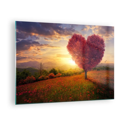 Obraz na szkle - Drzewo w kształcie serca na polu o zachodzie słońca - 70x50cm - Chwyta za serce - Nowoczesna dekoracja ścienna do salonu i sypialni ARTTOR