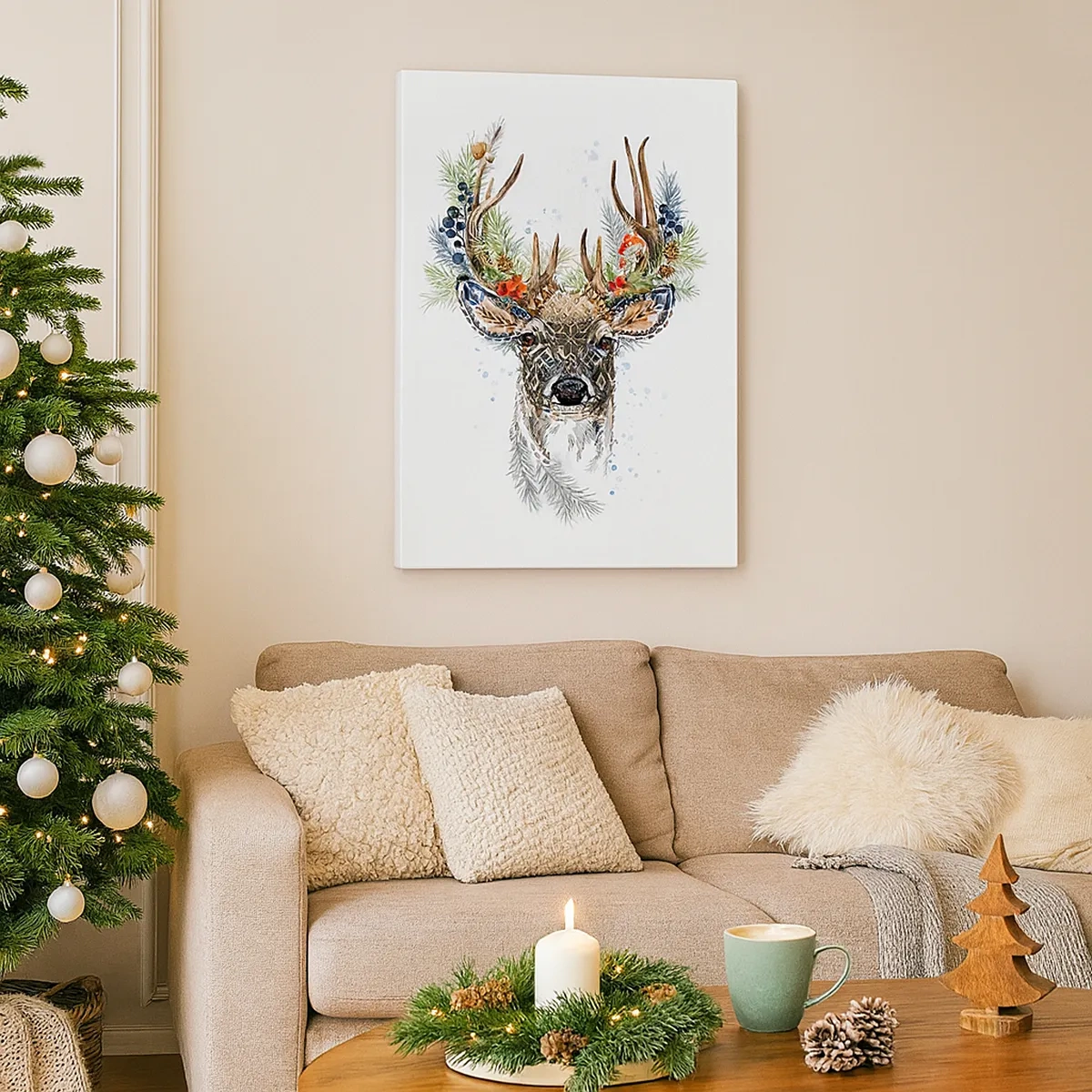 Obraz na płótnie - Stylizowana głowa jelenia z ozdobnymi rogami pełnymi świątecznych dekoracji - 50x70cm - W świątecznej szacie - Nowoczesna dekoracja ścienna do salonu, kuchni i sypialni ARTTOR