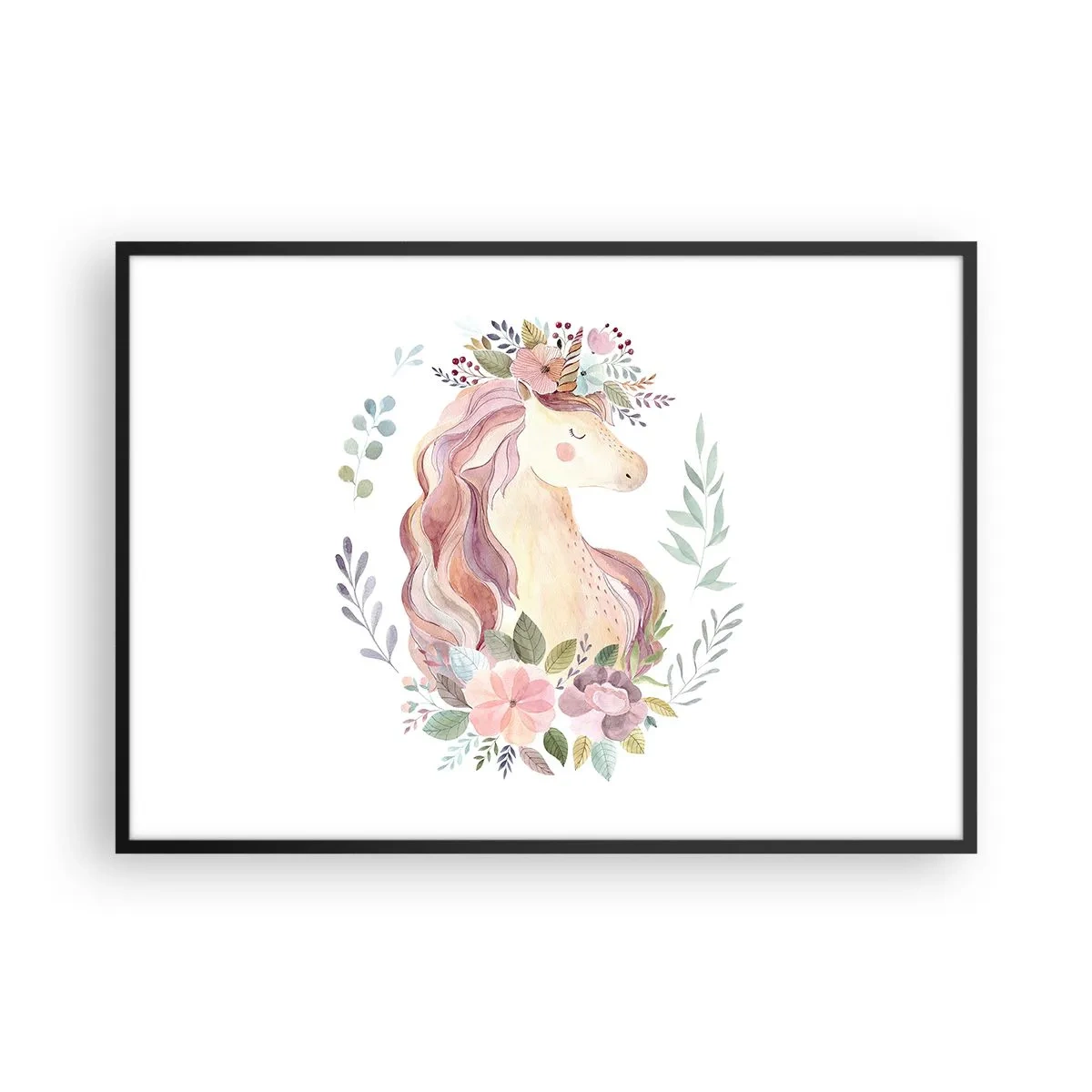 Plakat w czarnej ramie - Jednorożec w pastelowych kolorach otoczony kwiatami - 100x70cm - Zaproszenie do świata baśni - Nowoczesna dekoracja ścienna do salonu i sypialni ARTTOR
