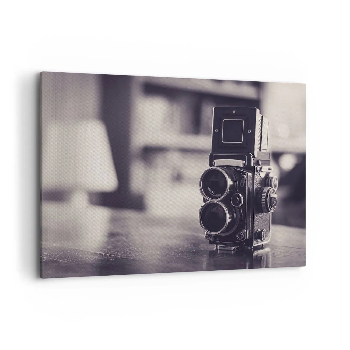 Obraz na płótnie - Zabytkowy aparat fotograficzny w czerni i bieli - 100x70cm - Magia starej fotografii - Nowoczesna dekoracja ścienna do salonu, kuchni i sypialni ARTTOR