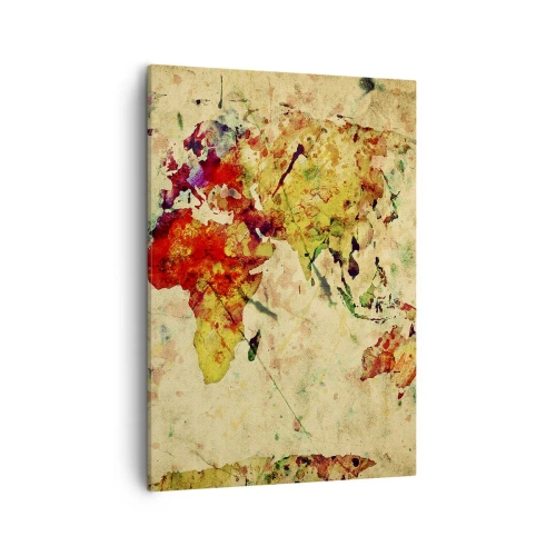 Obraz na płótnie - Kolorowa mapa świata w stylu akwarelowym - 50x70cm - Życie jak barwny papier mapy - Nowoczesna dekoracja ścienna do salonu, kuchni i sypialni ARTTOR