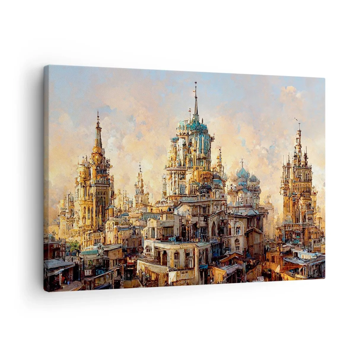 Obraz na płótnie - Architektoniczne wieże w promieniach zachodzącego słońca - 70x50cm - Miasto miast - Nowoczesna dekoracja ścienna do salonu i sypialni ARTTOR