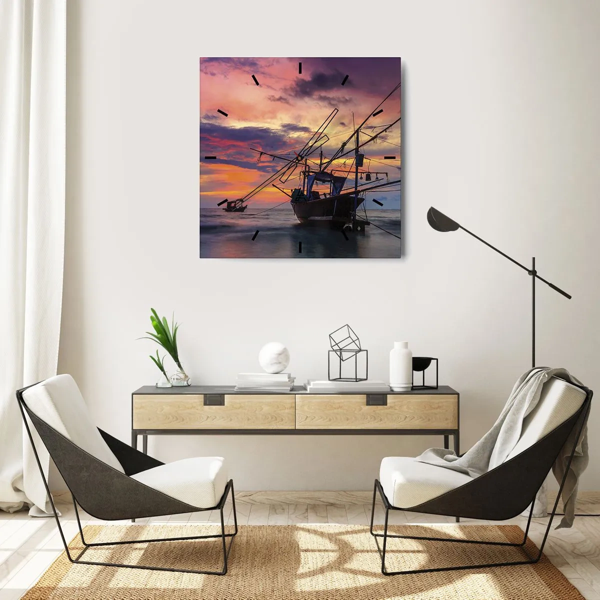 Zegar ścienny - Łódź rybacka na tle kolorowego zachodu słońca - 30x30cm - Egzotyczny wieczór - Nowoczesna dekoracja ścienna do salonu i sypialni ARTTOR