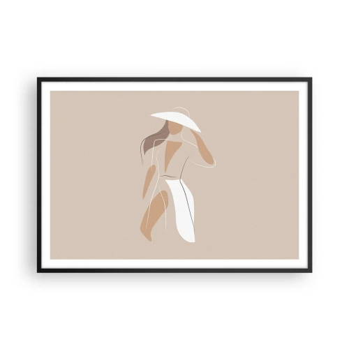 Plakat w czarnej ramie - Minimalistyczny rysunek kobiety w kapeluszu na beżowym tle - 100x70cm - Moda to zabawa - Nowoczesna dekoracja ścienna do salonu i sypialni ARTTOR