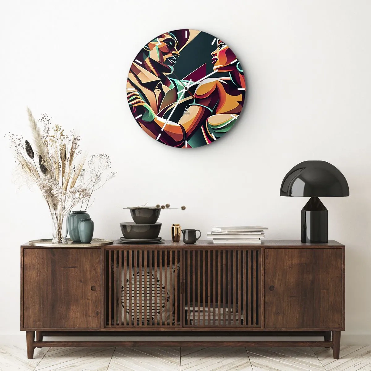 Zegar ścienny - Stylizowana para w tańcu przedstawiona w intensywnych barwach - 30x30cm - W rytmie serca - Nowoczesna dekoracja ścienna do salonu, kuchni i sypialni ARTTOR