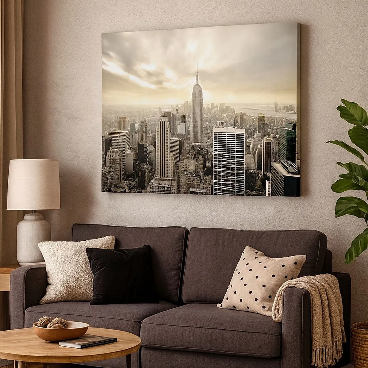 Obraz na płótnie - Panorama miasta z widokiem na Empire State Building - 70x50cm - Nowy Jork utkany z szarości - Nowoczesna dekoracja ścienna do salonu i sypialni ARTTOR