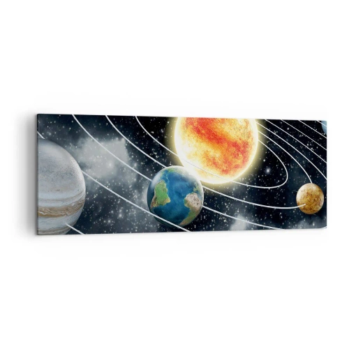 Obraz na płótnie - Układ słoneczny z planetami i słońcem w przestrzeni kosmicznej - 140x50cm - Kosmiczny taniec - Nowoczesna dekoracja ścienna do salonu i sypialni ARTTOR